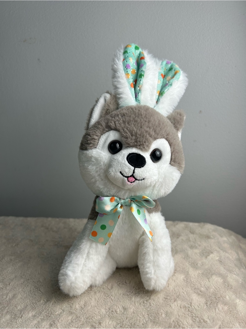Walmart Husky Puppy Dog Plush Stuffed Animal Bow Gray White Bunny Rabbit Ears